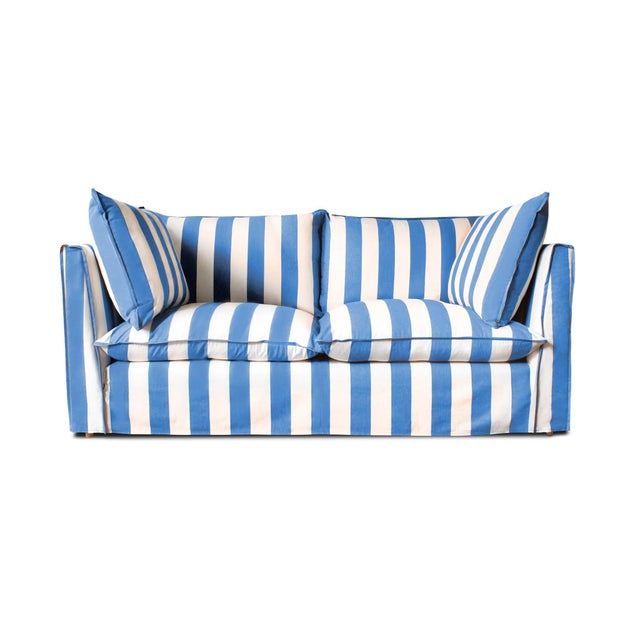 Sophie Conran Coco 2.5 Seater Sofa - Cornish Blue Wide Stripes with Knife Edge Cushion For Sale - Image 4 of 4