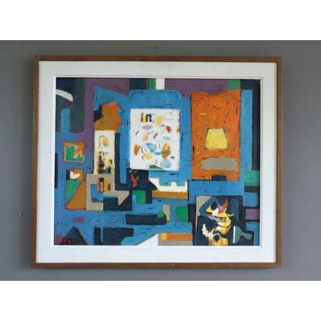 THE COLLECTOR'S ROOM Size: 24 x 28.1 inches (including frame) Oil on board A captivating mid-century modernist painting...