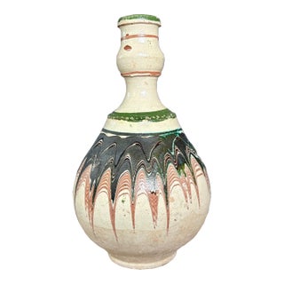 Antique Kınık Pottery Jug – 1920s Turkish Terracotta Surahi, Hand-Painted Folk Art, Ottoman Era Earthenware, 13” For Sale