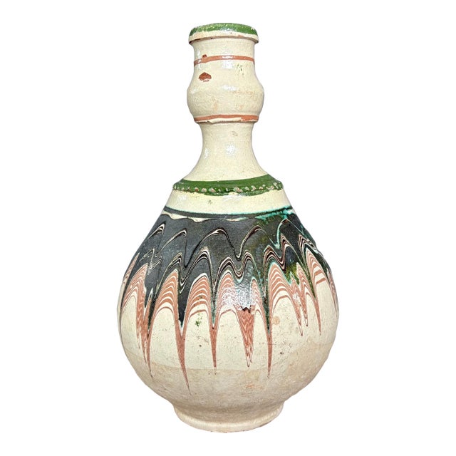 Antique Kınık Pottery Jug – 1920s Turkish Terracotta Surahi, Hand-Painted Folk Art, Ottoman Era Earthenware, 13” For Sale