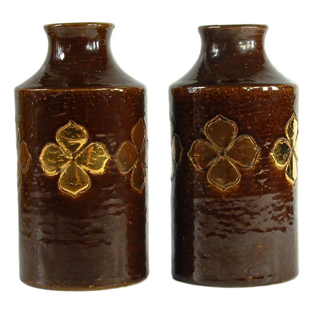 Brown and Gilt Ceramic Vases attributed to Aldo Londi for Bitossi, Italy, 1960s, Set of 2 For Sale