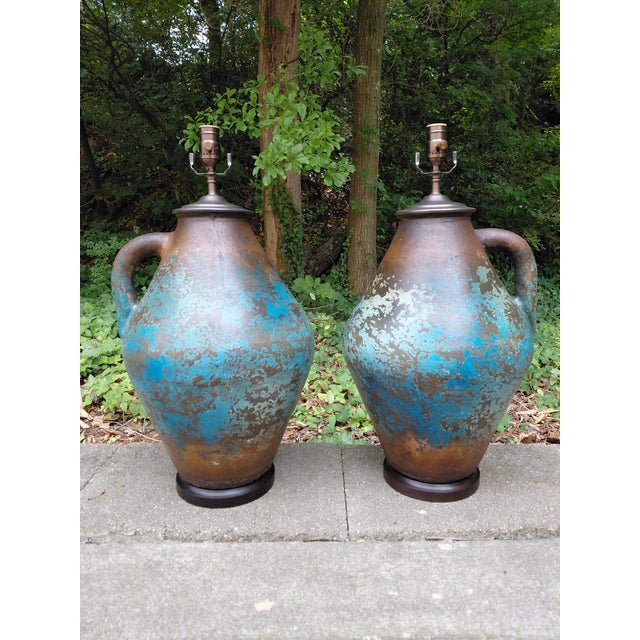 Monumental Volcanic Glaze Ceramic Amphora Table Lamps – A Pair For Sale - Image 4 of 8