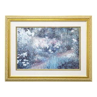 Blueish Garden Watercolor Painting Signed on the Bottom For Sale