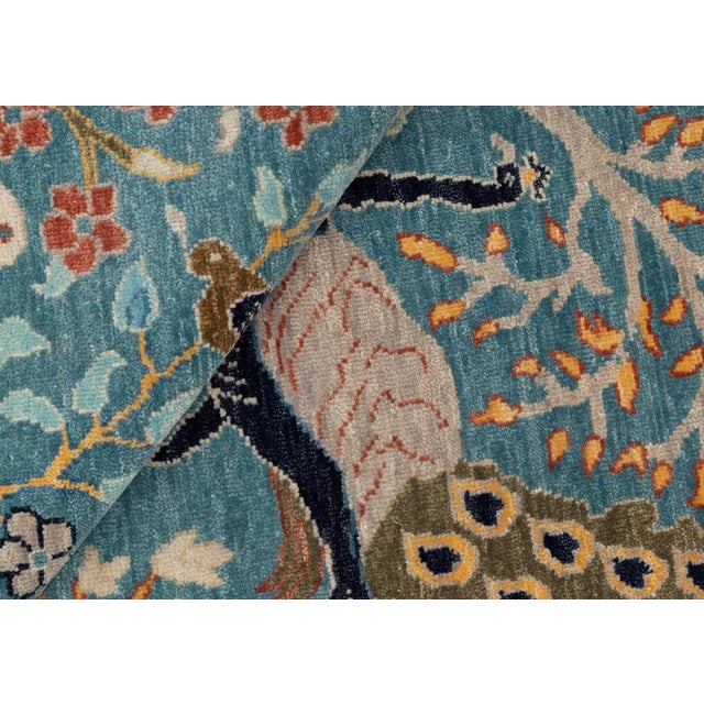 Blue Peacock Birds Garden Scene Soft Hand Knotted Hand Spun Wool Rug 5x7Ft. For Sale - Image 16 of 18