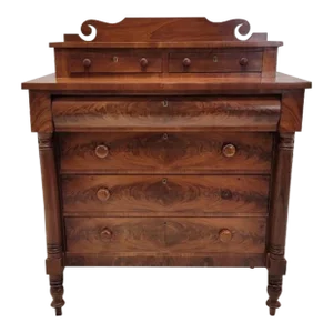 Antique American Empire Flame Mahogany Step Back Chest of Drawers