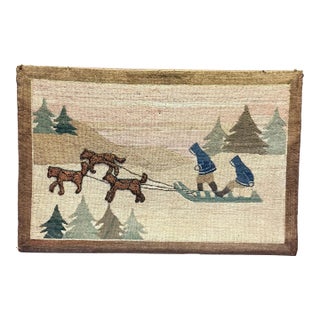 Vintage Grenfell Hooked Rug Sled Dogs Scene Mounted Mat c.1930s Folk Art Textile For Sale