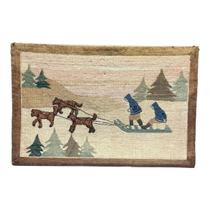 Vintage Grenfell Hooked Rug Sled Dogs Scene Mounted Mat c.1930s Folk Art Textile