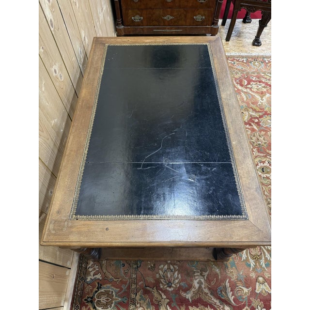 Louis XIII Style Flat Desk in Walnut and Leather For Sale - Image 6 of 9
