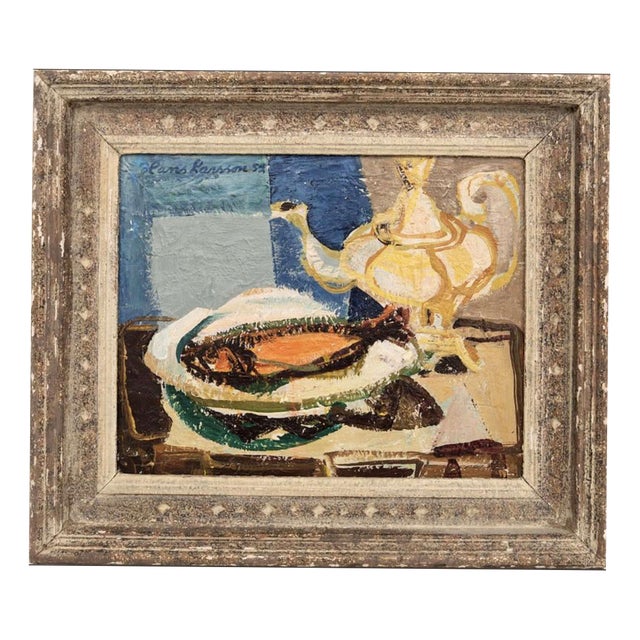 Teapot and Smoked Herring, 1950s, Oil on Panel For Sale
