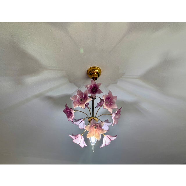 Vintage Italian Murano Style Hand-Painted Pink Floral Pendant Light, Romantic Glass Blossom Chandelier, Dramatic Ceiling Shadow Display For Sale - Image 6 of 17