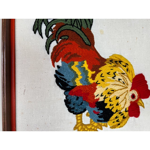 Wood 70's Vintage Hand Embroidery Rooster Wall Art For Sale - Image 7 of 12