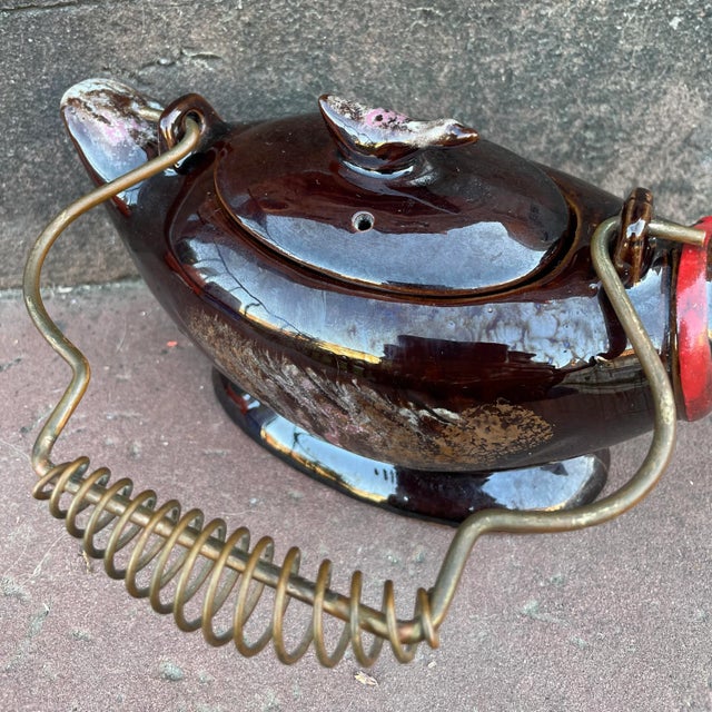 Black Antique Japanese Redware Goose Teapot With Brass Wire Handle For Sale - Image 8 of 12