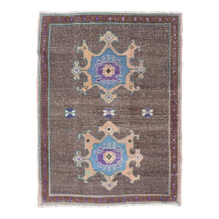 Turkish Oushak Rug With Bold Brown and Vibrant Blue Floral Medallions 2'7"x3'7" For Sale