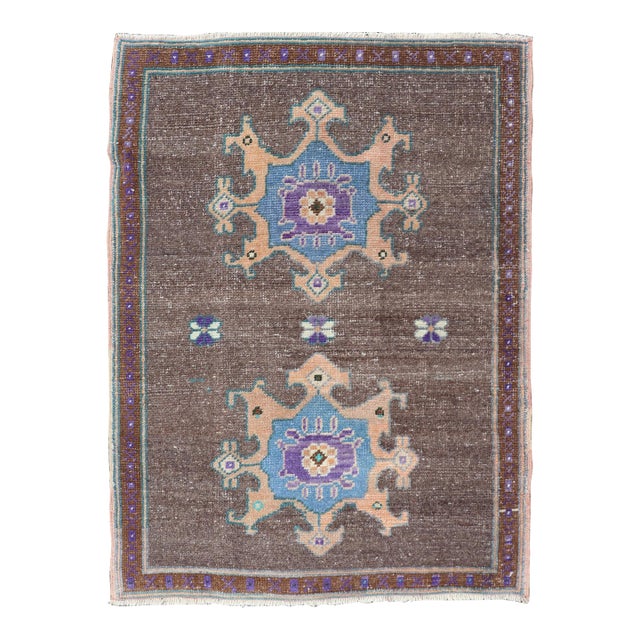 Turkish Oushak Rug With Bold Brown and Vibrant Blue Floral Medallions 2'7"x3'7" For Sale