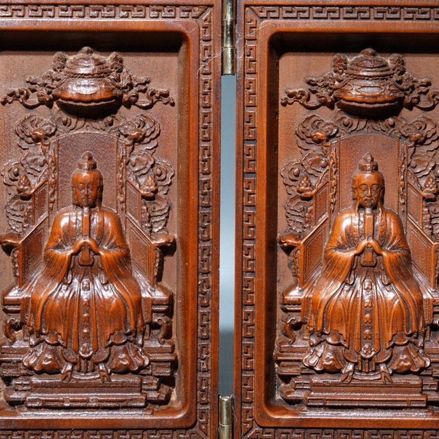 Wood Vintage Carved Boxwood Four-Panel Miniature Folding Screen - Deities & Calligraphy For Sale - Image 7 of 9
