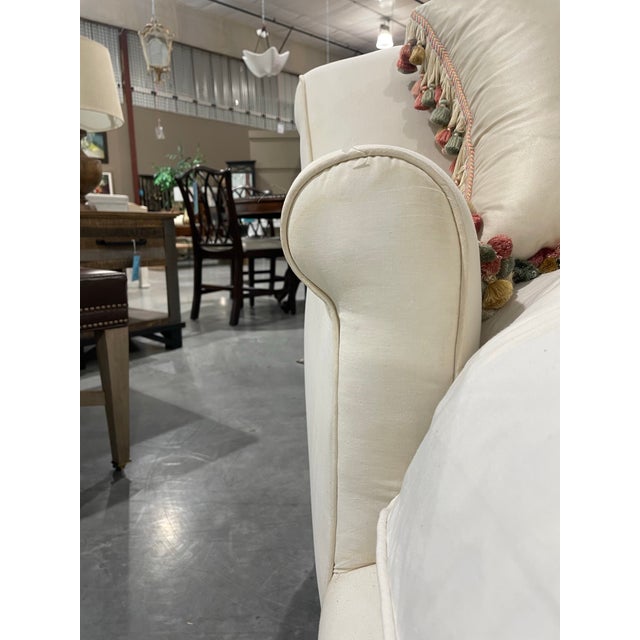 Antique 19th Century French Chaise With Distressed Carved Frame and Ivory Upholstery For Sale - Image 4 of 10