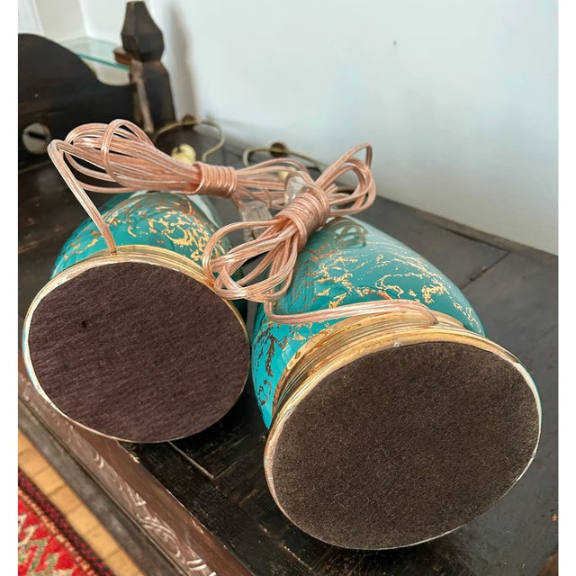Ceramic Vintage Mid-Century Modern Ceramic Table Lamps in Turquoise and Gold - A Pair For Sale - Image 7 of 8