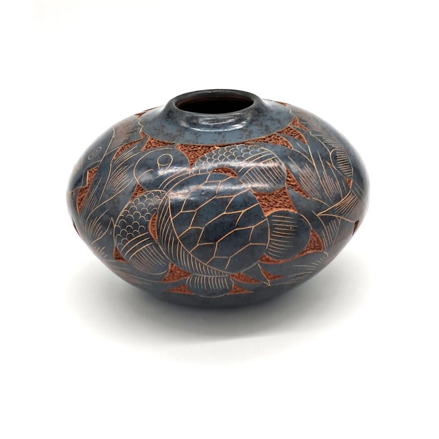 Folk Art Signed Emir Calero Nicaraguan Pottery Vase, Hand-Carved Fish Design For Sale - Image 3 of 12