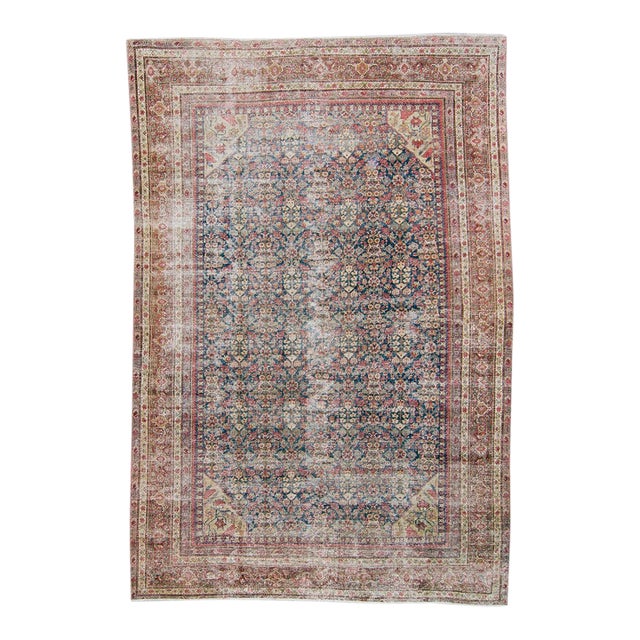 1900s Antique Allover Blue Maroon Floral Design Hand-Knotted Rug - 8’7” X 12’8” For Sale