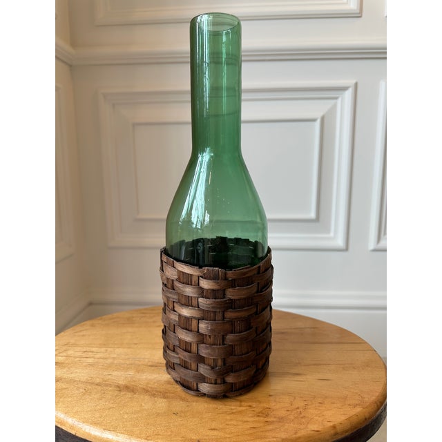 Wood Vintage 13.5” Mid-Century Italian Emerald Green Glass Carafe With Fitted Woven Sleeve For Sale - Image 7 of 15