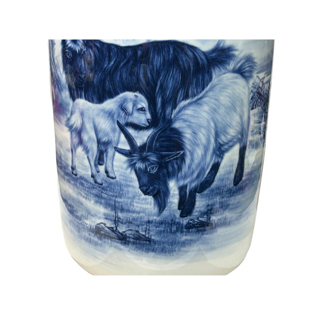 Chinese Blue White Handpaint San Yang Kai Tai Scenery Porcelain Vase For Sale - Image 10 of 14