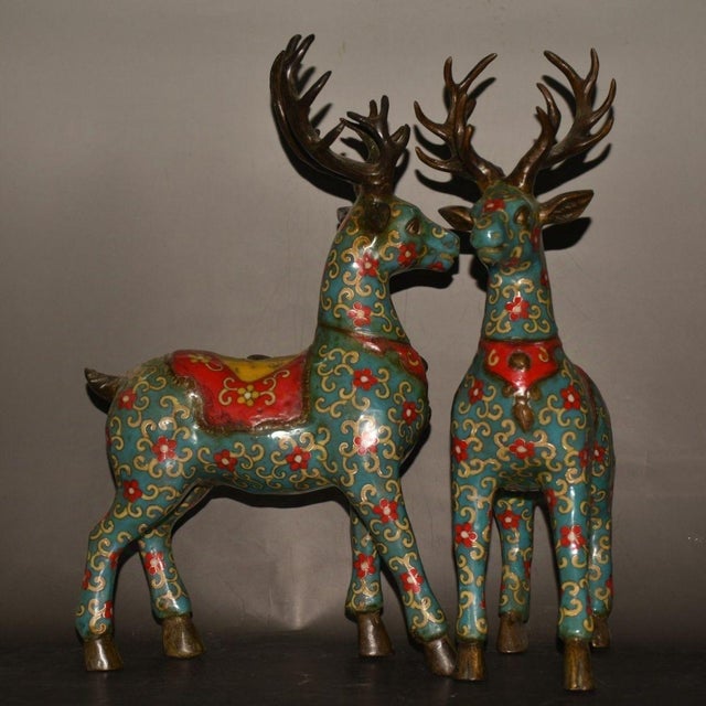 Mid 20th Century Monumental Pair of Vintage Cloisonné Enamel & Gilt Bronze Deer Figures For Sale - Image 5 of 9