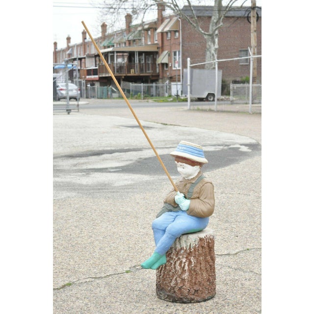 Vtg Concrete Boy Fishing Seated on Tree Stump Garden Statue Ornament
