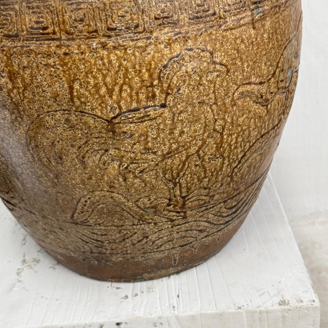 Early 20th Century Brown Glazed Ceramic Planter with Carved Relief Pattern For Sale - Image 11 of 12