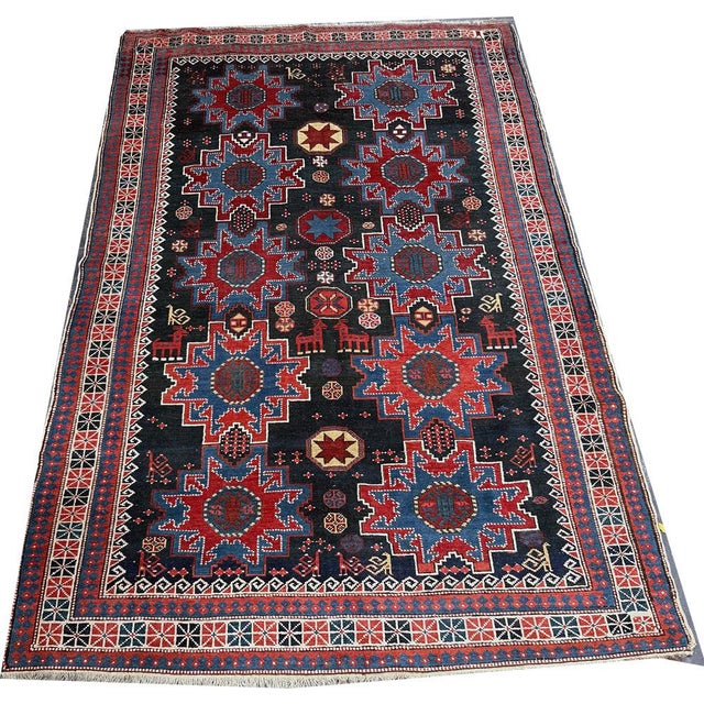 Tribal Antique Decorative Blue Ground Caucasian Shirvan Rug For Sale - Image 3 of 6