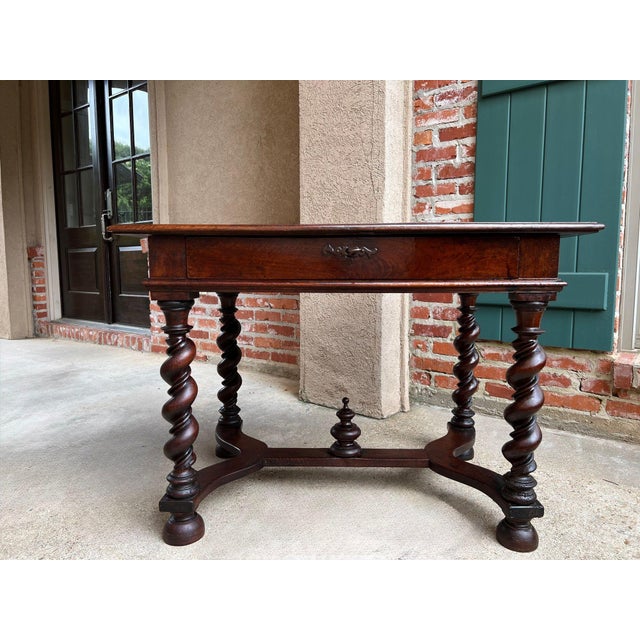 English Antique English Barley Twist Writing Table Library Desk Jacobean Walnut C1880 For Sale - Image 3 of 18