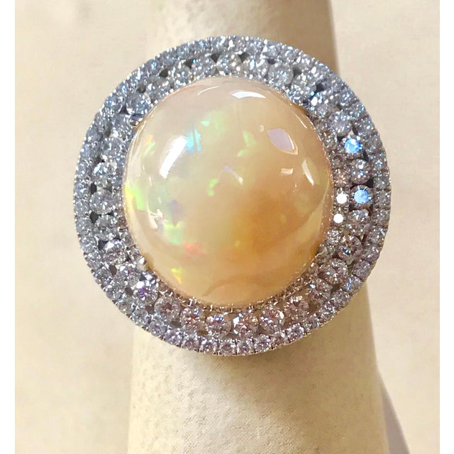 2010s Round Opal and Diamond Cocktail Ring 18 Karat White Gold, Estate For Sale - Image 5 of 18