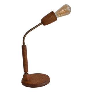 Vintage Adjustable German Desk Lamp with Oak Base and Brass Flex Arm from Bültmann-Leuchten, 1980s For Sale