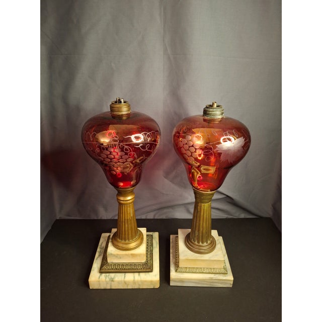 Antique Matched Pair Victorian Cranberry Cut Clear Whale Oil Lamps Glass 1850s For Sale - Image 13 of 16