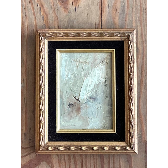 This striking vintage abstract oil painting features expressive brushwork and a rich impasto technique, creating a tactile...
