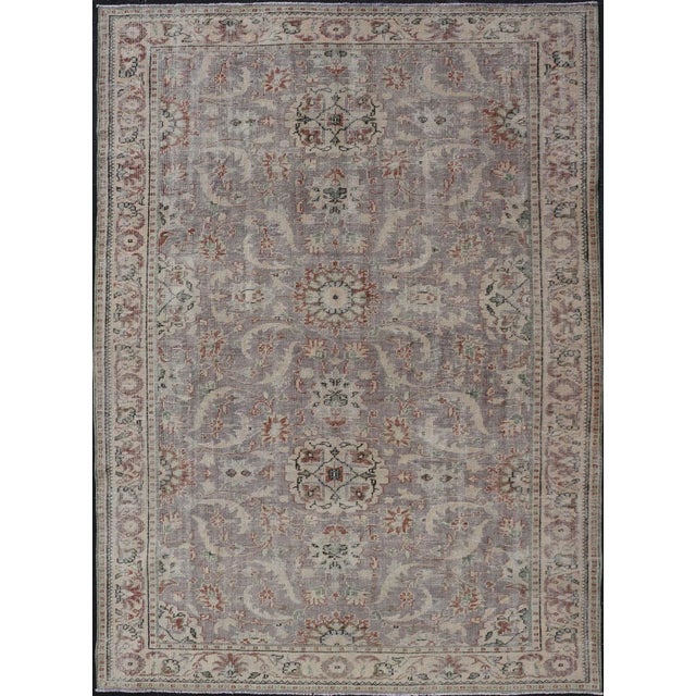 Mid 20th Century Vintage Turkish Distressed Oushak Rug With All-Over Floral Design in Lilac Color For Sale - Image 13 of 13