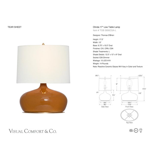 Thomas O'Brien by Visual Comfort Signature Olinda 17" Low Table Lamp in Crackled Sienna with Linen Shade Designer: Thomas...