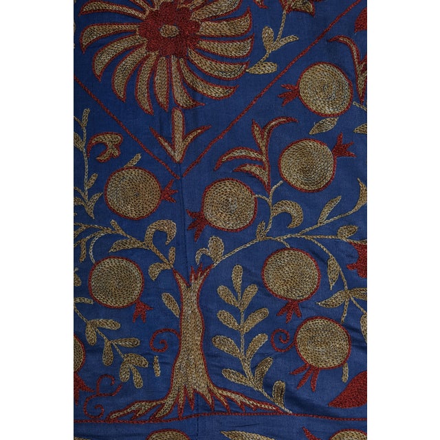 Silk Blue Suzani Tapestry With Pomegranates Design - Wall Decor For Sale - Image 4 of 9