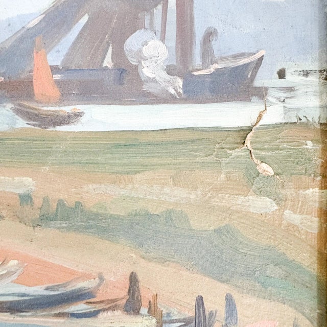 Weathered Signed French Harbor Painting: Vintage Port Scene in Gilt Frame, 1926 For Sale - Image 10 of 10