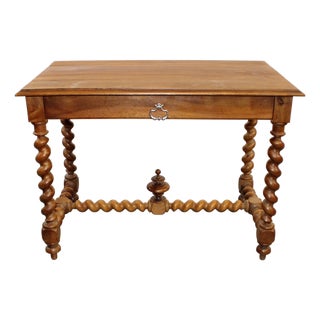 French Walnut Table With Barley Twist Legs and Stretcher, 19th Century For Sale