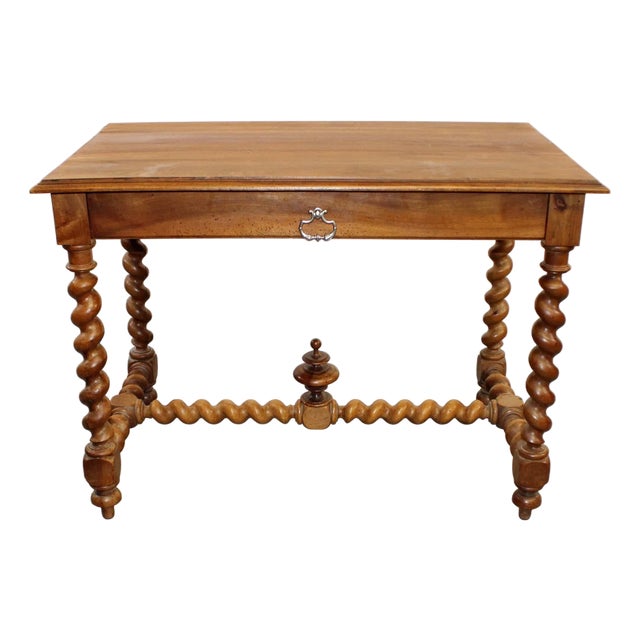 French Walnut Table With Barley Twist Legs and Stretcher, 19th Century For Sale