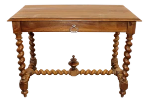 French Walnut Table With Barley Twist Legs and Stretcher, 19th Century