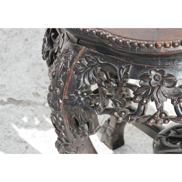 Brown Chinese Carved Hongmu Wood Stand With Marble Insert For Sale - Image 8 of 9