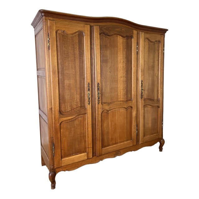 Vintage French Louis XVI Style Carved Oak 3-Door Wardrobe For Sale