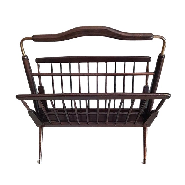 Italian Brass and Wood Magazine Rack by Cesare Lacca, 1950s For Sale