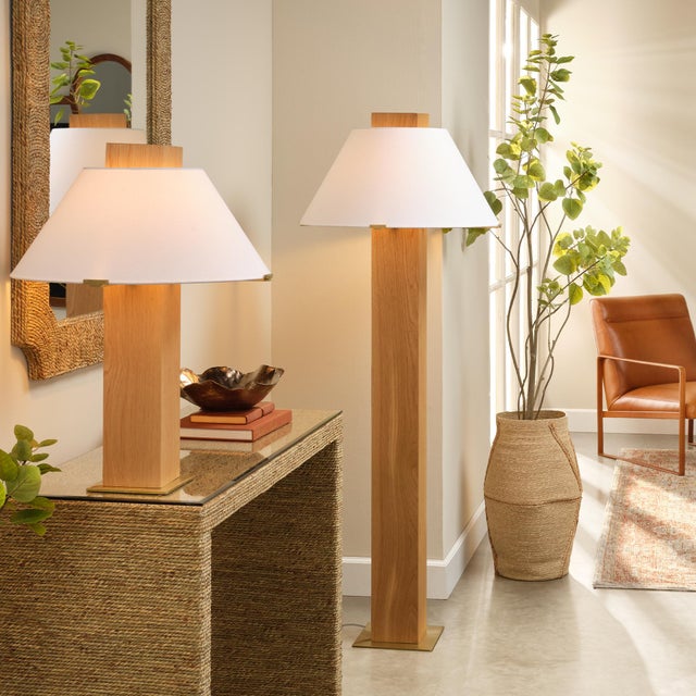 Craftsman Floor Lamp, Natural Oak Veneer Anchoring a room with substance and presence, this artisan-hewn floor lamp rises...