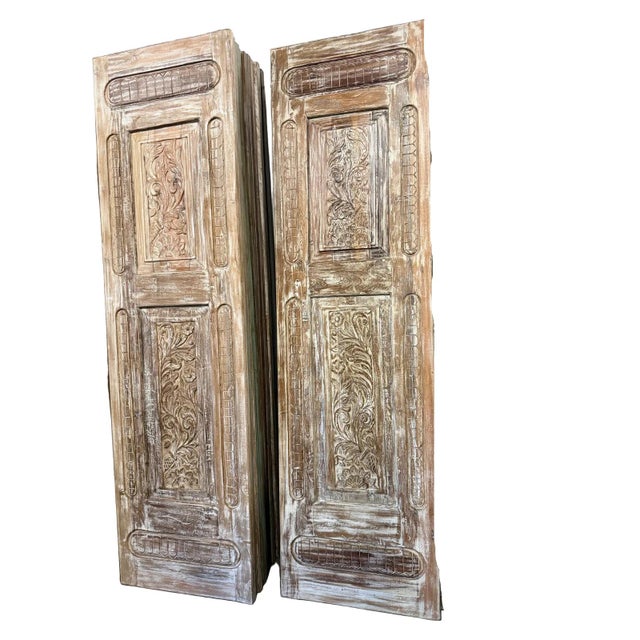 Wood Antique Hand-Carved Wooden Door Panel | Distressed Whitewash Floral Barn Door, Vintage Door 96x27 For Sale - Image 7 of 8