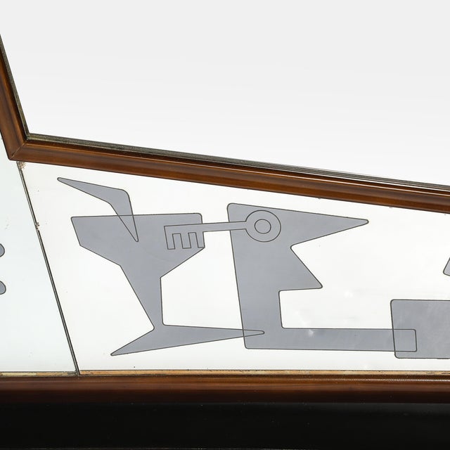 Mid-Century Reversed Etched & Smoked Wall Mirror With Sculptural Walnut Lining For Sale - Image 9 of 12