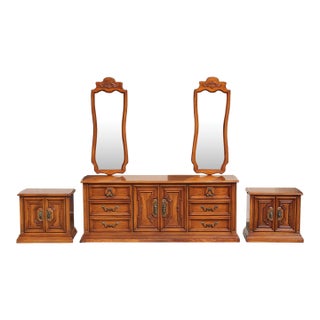 1970s White Fine Furniture Solid Wood Dresser With Two Mirrors & Matching Nightstands - Mid-Century Carved Walnut Bedroom Set For Sale