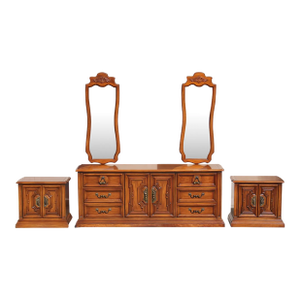 1970s White Fine Furniture Solid Wood Dresser With Two Mirrors & Matching Nightstands - Mid-Century Carved Walnut Bedroom Set