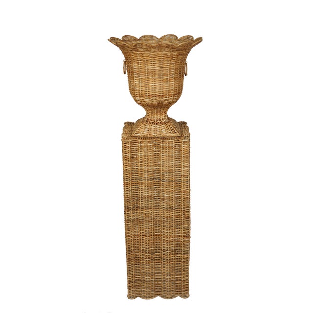Traditional Square Scalloped Wicker Urn and Pedestal For Sale - Image 3 of 3